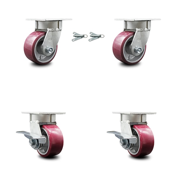 4 Inch Kingpinless Poly on Aluminum Wheel Caster Swivel Locks 2 Brakes SCC, 2PK
